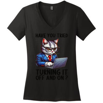 Tech Support Humor I Cat Tech Engineer I Computer It Guy Women's V-Neck T-Shirt