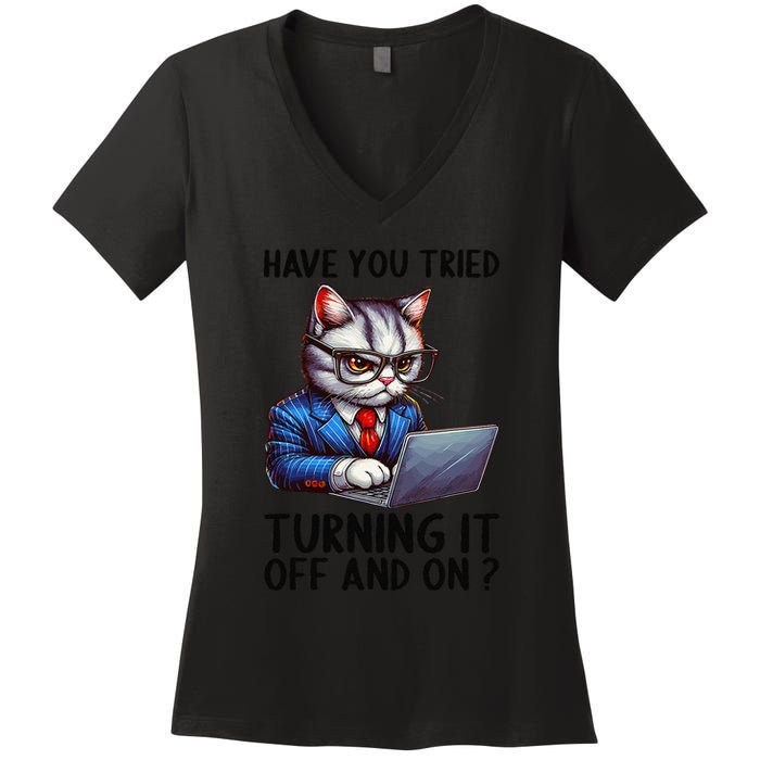Tech Support Humor I Cat Tech Engineer I Computer It Guy Women's V-Neck T-Shirt