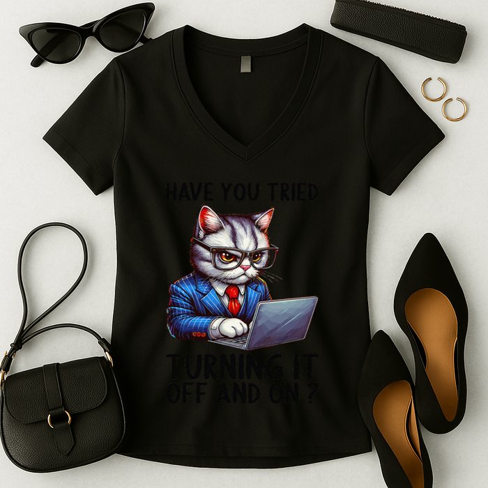 Tech Support Humor I Cat Tech Engineer I Computer It Guy Women's V-Neck T-Shirt
