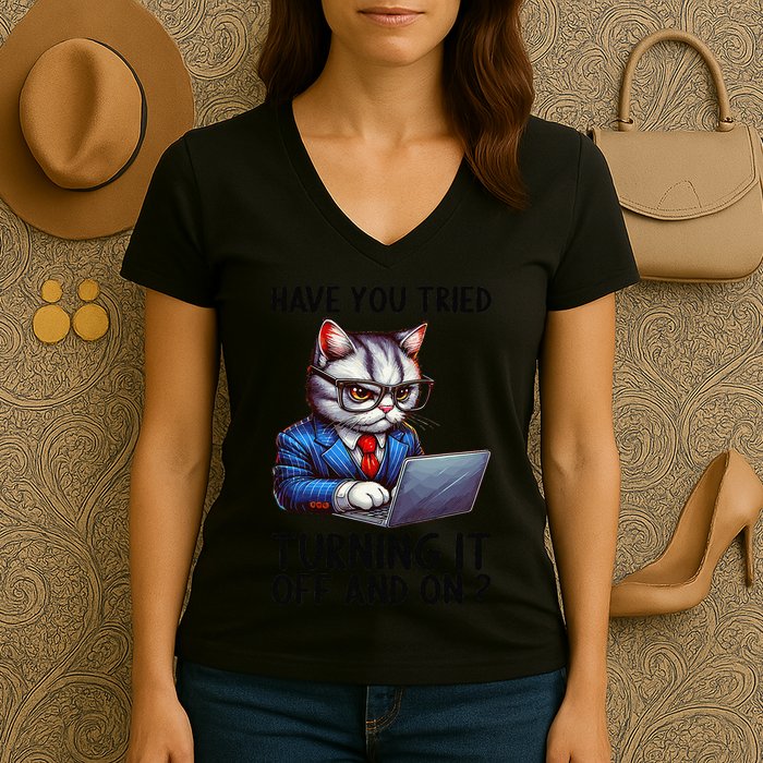 Tech Support Humor I Cat Tech Engineer I Computer It Guy Women's V-Neck T-Shirt