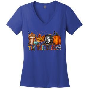 Tis Season Hockey Latte Leaves Hello Pumpkin Halloween Gift Women's V-Neck T-Shirt