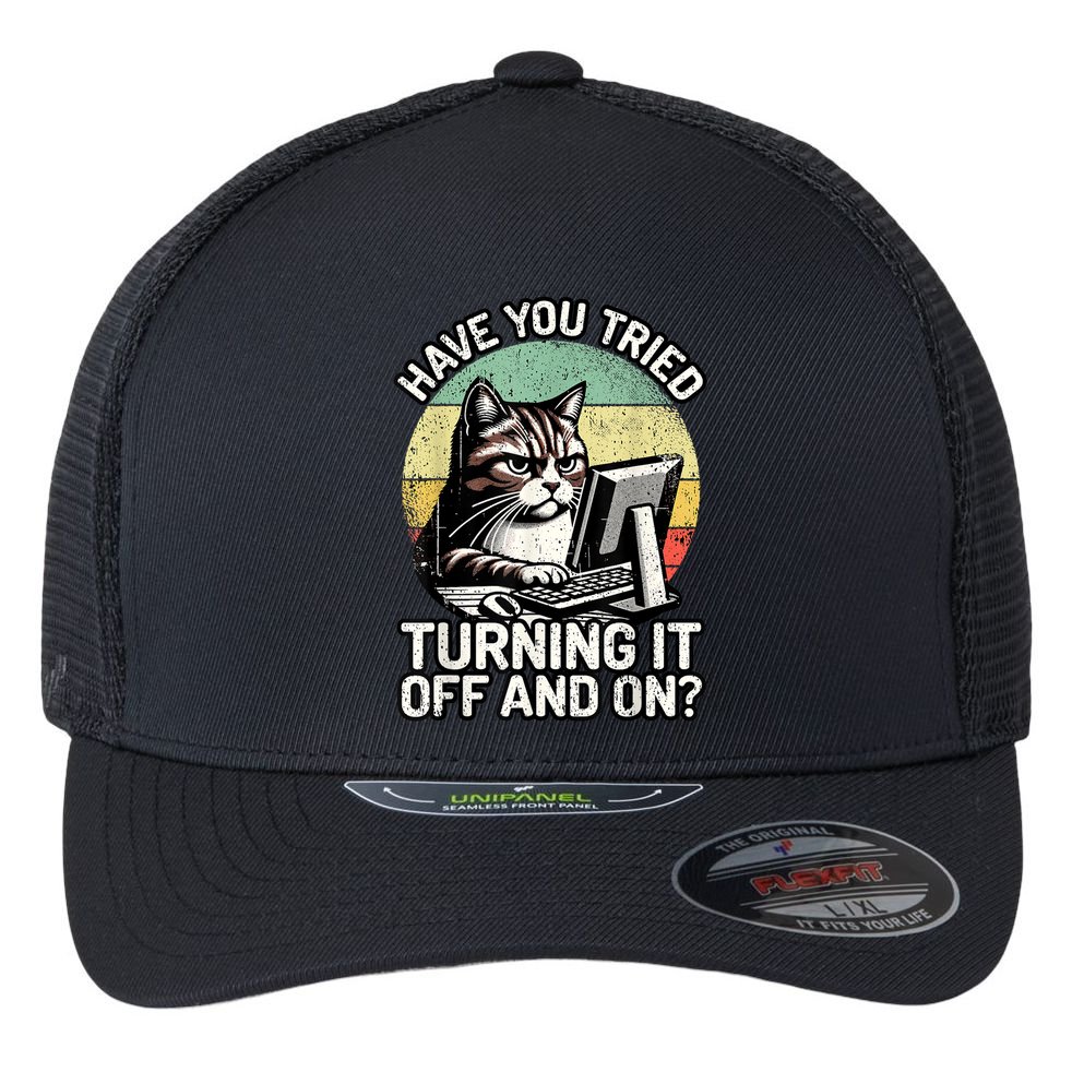 Tech Support Humor I Cat Tech Engineer I Computer It Guy Flexfit Unipanel Trucker Cap