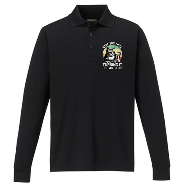 Tech Support Humor I Cat Tech Engineer I Computer It Guy Performance Long Sleeve Polo