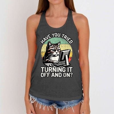 Tech Support Humor I Cat Tech Engineer I Computer It Guy Women's Knotted Racerback Tank