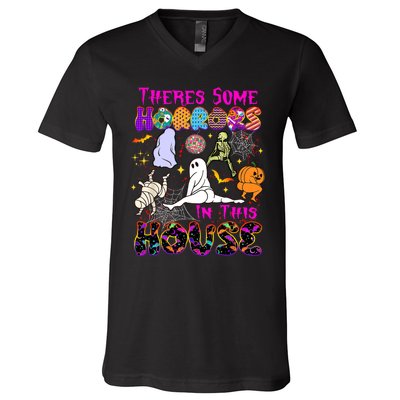 Theres Some Horrors In This House Ghost Pumpkin Halloween Funny Trending Gift V-Neck T-Shirt