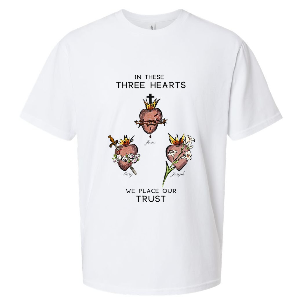 Three Sacred Hearts Of Jesus Mary Joseph Jmj Catholic Sueded Cloud Jersey T-Shirt