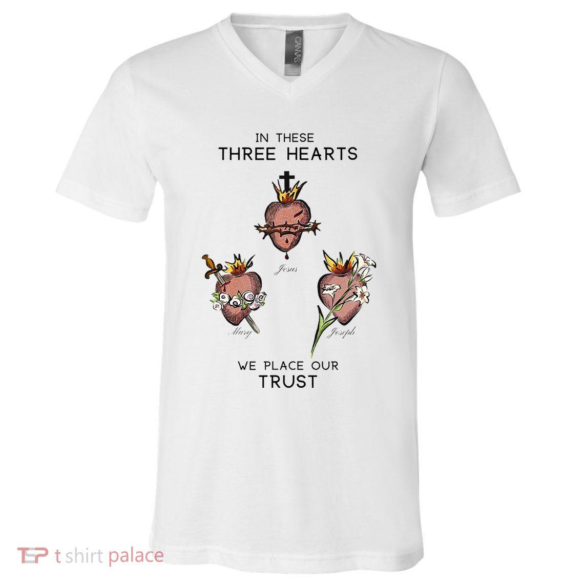 Three Sacred Hearts Of Jesus Mary Joseph Jmj Catholic V-Neck T-Shirt