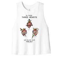 Three Sacred Hearts Of Jesus Mary Joseph Jmj Catholic Women's Racerback Cropped Tank