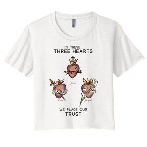 Three Sacred Hearts Of Jesus Mary Joseph Jmj Catholic Women's Crop Top Tee