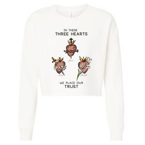 Three Sacred Hearts Of Jesus Mary Joseph Jmj Catholic Cropped Pullover Crew