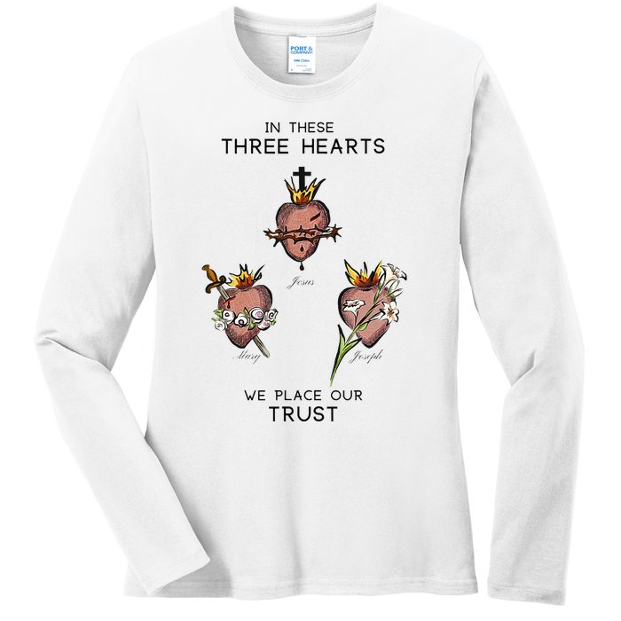 Three Sacred Hearts Of Jesus Mary Joseph Jmj Catholic Ladies Long Sleeve Shirt