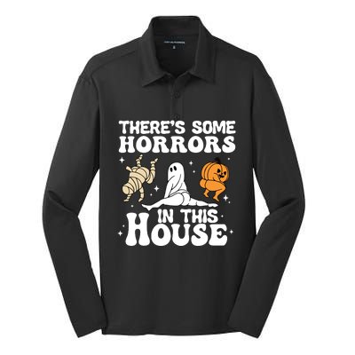 Theres Some Horrors In This House Ghost Pumpkin Halloween Silk Touch Performance Long Sleeve Polo