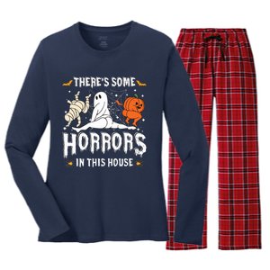 Theres Some Horrors In This House Ghost Pumpkin Halloween Women's Long Sleeve Flannel Pajama Set 