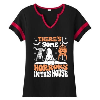 Theres Some Horrors In This House Ghost Pumpkin Halloween Ladies Halftime Notch Neck Tee