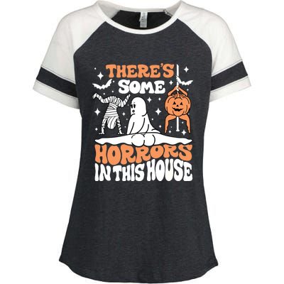 Theres Some Horrors In This House Ghost Pumpkin Halloween Enza Ladies Jersey Colorblock Tee