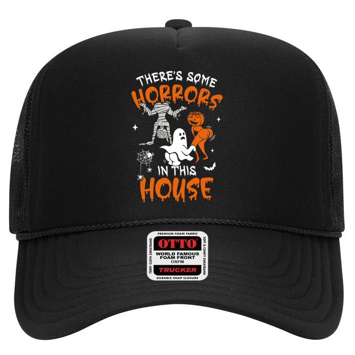 Theres Some Horrors In This House Ghost Pumpkin Halloween High Crown Mesh Back Trucker Hat