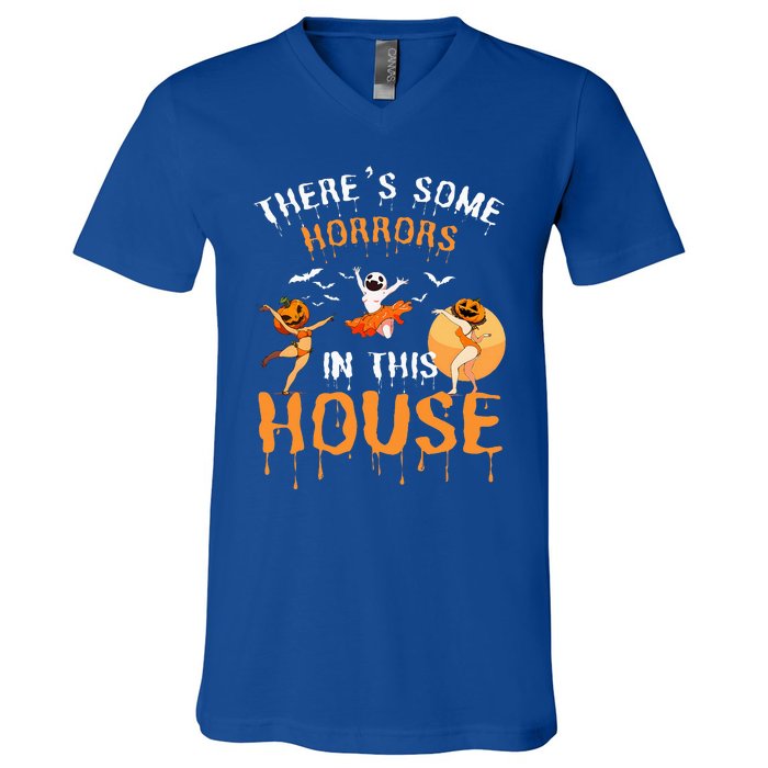 Theres Some Horrors In This House Ghost Pumpkin Halloween V-Neck T-Shirt