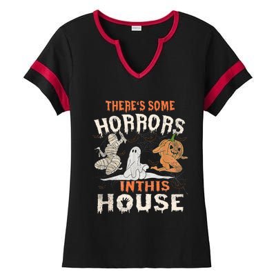 Theres Some Horrors In This House Halloween Pumpkin Ghost Ladies Halftime Notch Neck Tee