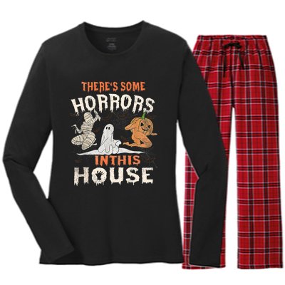 Theres Some Horrors In This House Halloween Pumpkin Ghost Women's Long Sleeve Flannel Pajama Set 