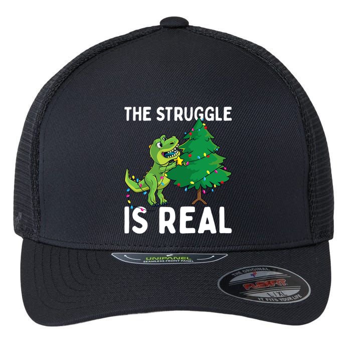 The Struggle Is Real Dinosaur And Xmas Tree Christmas Trex Funny Gift Flexfit Unipanel Trucker Cap