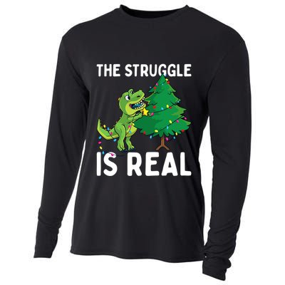The Struggle Is Real Dinosaur And Xmas Tree Christmas Trex Funny Gift Cooling Performance Long Sleeve Crew