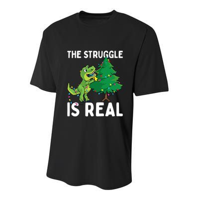The Struggle Is Real Dinosaur And Xmas Tree Christmas Trex Funny Gift Youth Performance Sprint T-Shirt