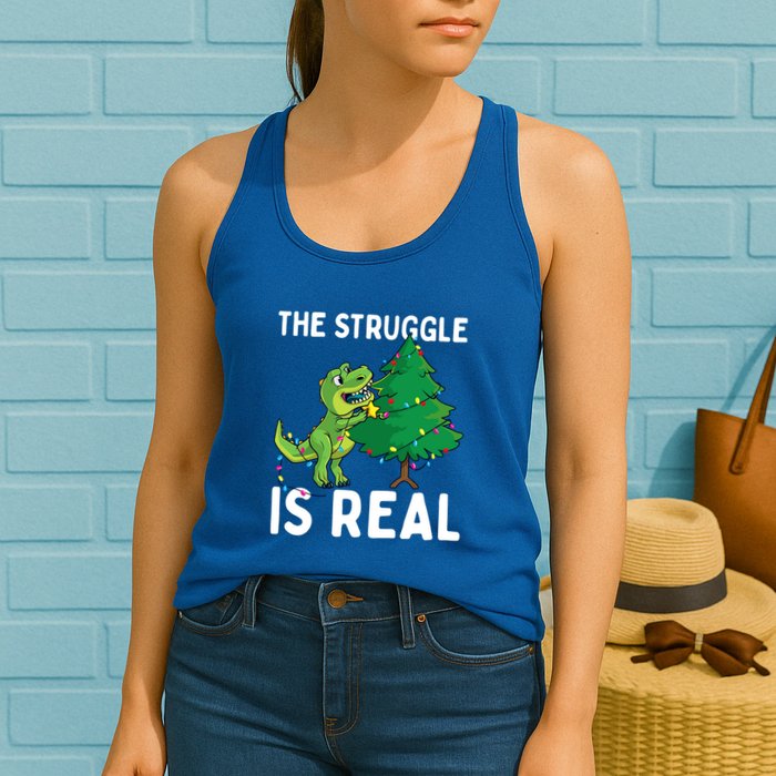 The Struggle Is Real Dinosaur And Xmas Tree Christmas Trex Funny Gift Womens Tank Top