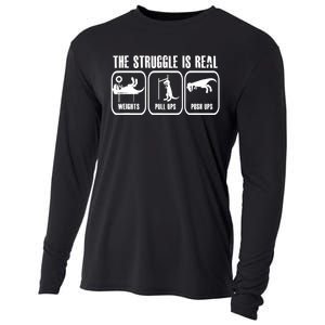 The Struggle Is Real Funny Dinosaurus Workout Weights Cooling Performance Long Sleeve Crew