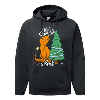 The Struggle Is Real Dinosaur Trex Christmas Tree Xmas Funny Performance Fleece Hoodie