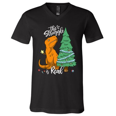 The Struggle Is Real Dinosaur Trex Christmas Tree Xmas Funny V-Neck T-Shirt