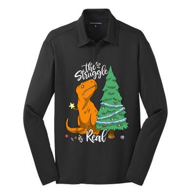 The Struggle Is Real Dinosaur Trex Christmas Tree Xmas Funny Silk Touch Performance Long Sleeve Polo