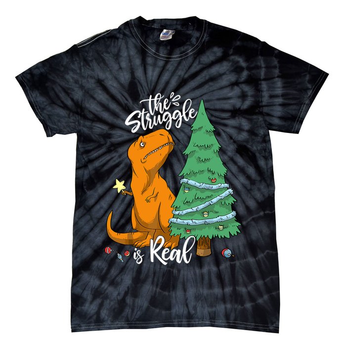 The Struggle Is Real Dinosaur Trex Christmas Tree Xmas Funny Tie-Dye T-Shirt