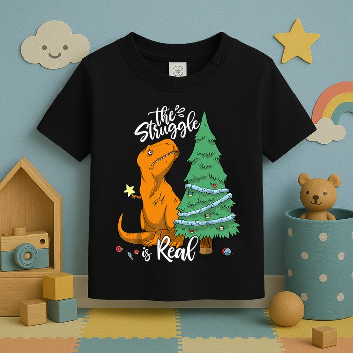 The Struggle Is Real Dinosaur Trex Christmas Tree Xmas Funny Toddler T-Shirt