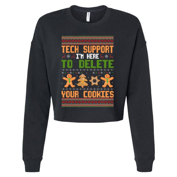 Tech Support I’M Here To Delete Your Cookies Ugly Christmas Cropped Pullover Crew
