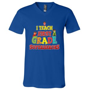 Teacher Superhero I Teach First Grade Superheroes Gift V-Neck T-Shirt