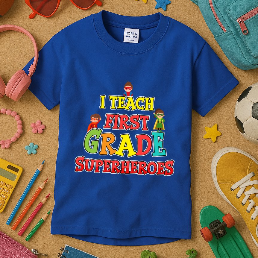 Teacher Superhero I Teach First Grade Superheroes Gift Kids T-Shirt