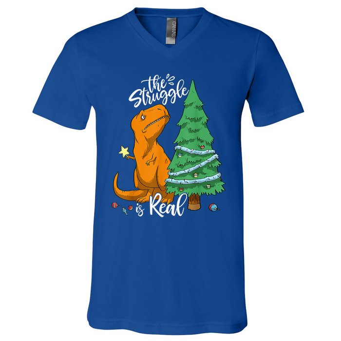 The Struggle Is Real Dinosaur Trex Christmas Tree Xmas Funny  V-Neck T-Shirt