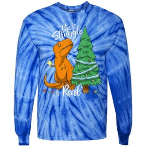 The Struggle Is Real Dinosaur Trex Christmas Tree Xmas Funny  Tie-Dye Long Sleeve Shirt