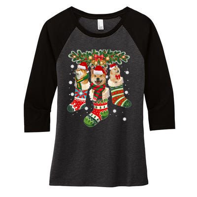 Three Shiba Inu In Sock Christmas Santa X Mas Dog Women's Tri-Blend 3/4-Sleeve Raglan Shirt