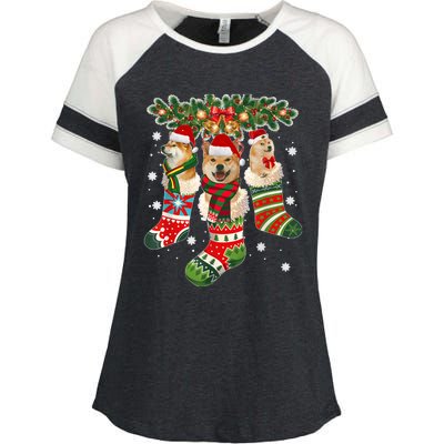 Three Shiba Inu In Sock Christmas Santa X Mas Dog Enza Ladies Jersey Colorblock Tee