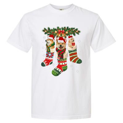 Three Shiba Inu In Sock Christmas Santa X Mas Dog Garment-Dyed Heavyweight T-Shirt