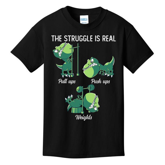 The Struggle Is Real Funny Dinosaur Trex Gym Workout Kids T-Shirt