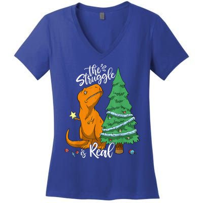 The Struggle Is Real Dinosaur Trex Christmas Tree Xmas Funny  Women's V-Neck T-Shirt