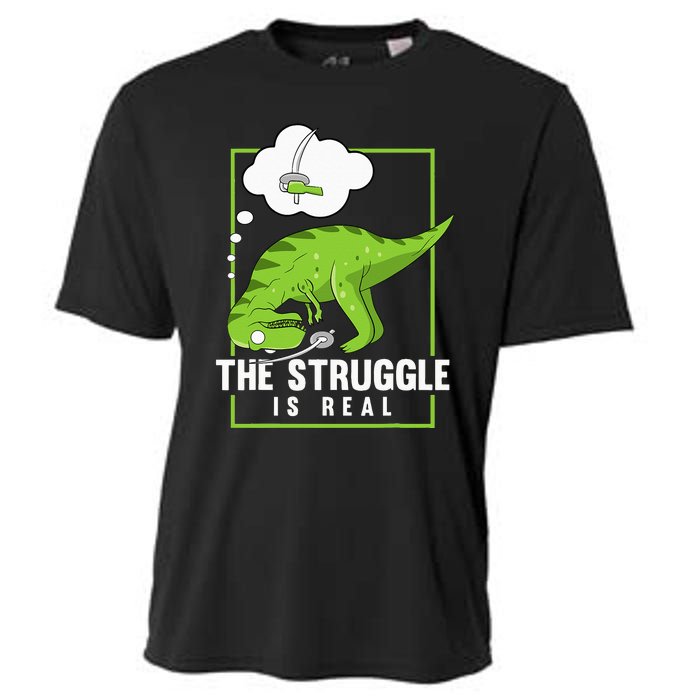 The Struggle Is Real Sword Fighting Dinosaur Fencer Fencing Cooling Performance Crew T-Shirt