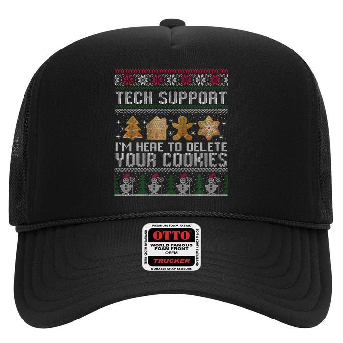 Tech Support I’M Here To Delete Your Cookies Christmas High Crown Mesh Back Trucker Hat