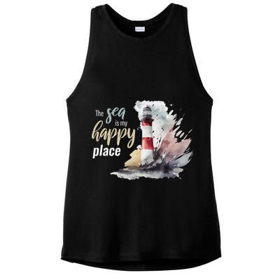 The Sea Is My Happy Place I Beach Lighthouses Coast Summer Cool Gift Ladies PosiCharge Tri-Blend Wicking Tank