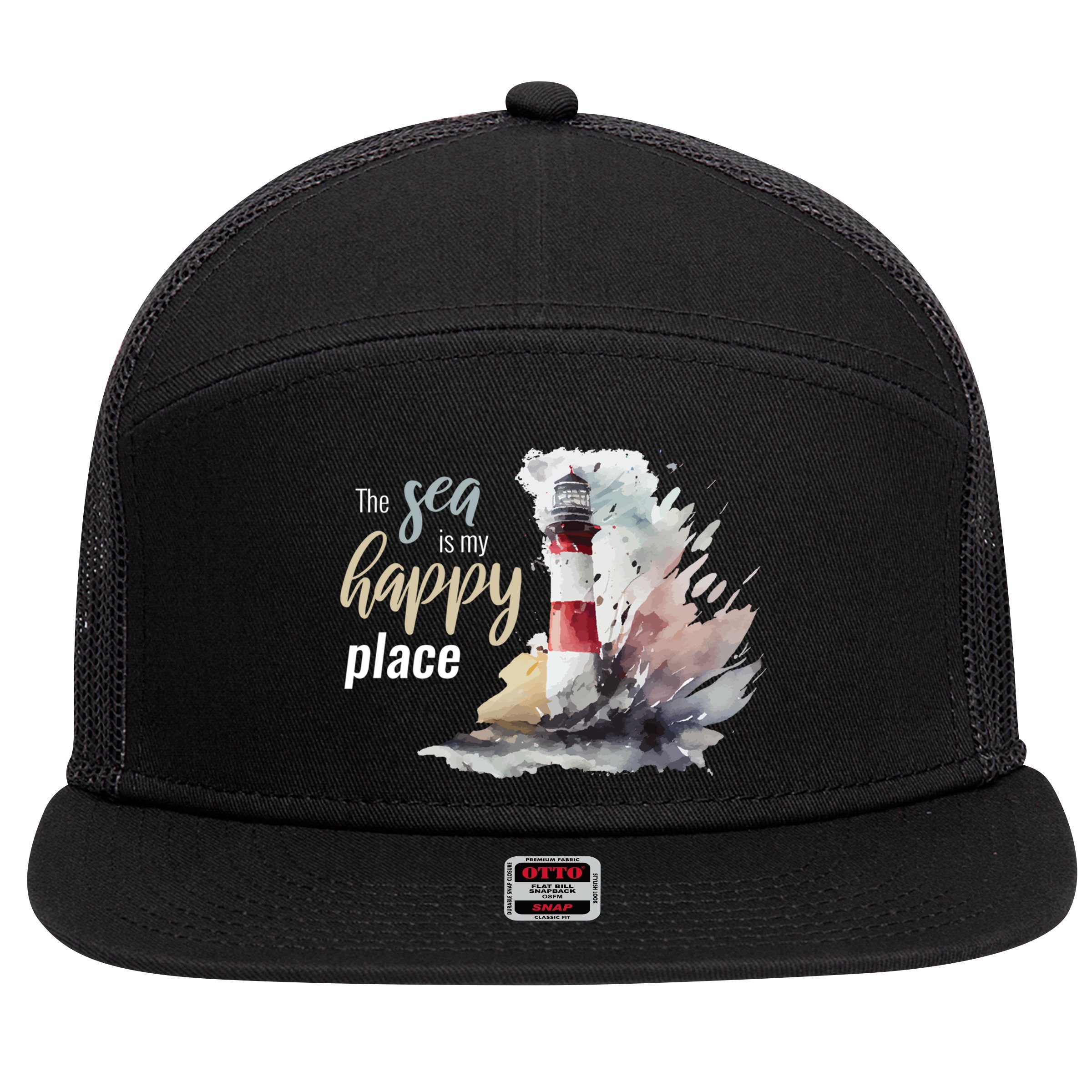 The Sea Is My Happy Place I Beach Lighthouses Coast Summer Cool Gift 7 Panel Mesh Trucker Snapback Hat