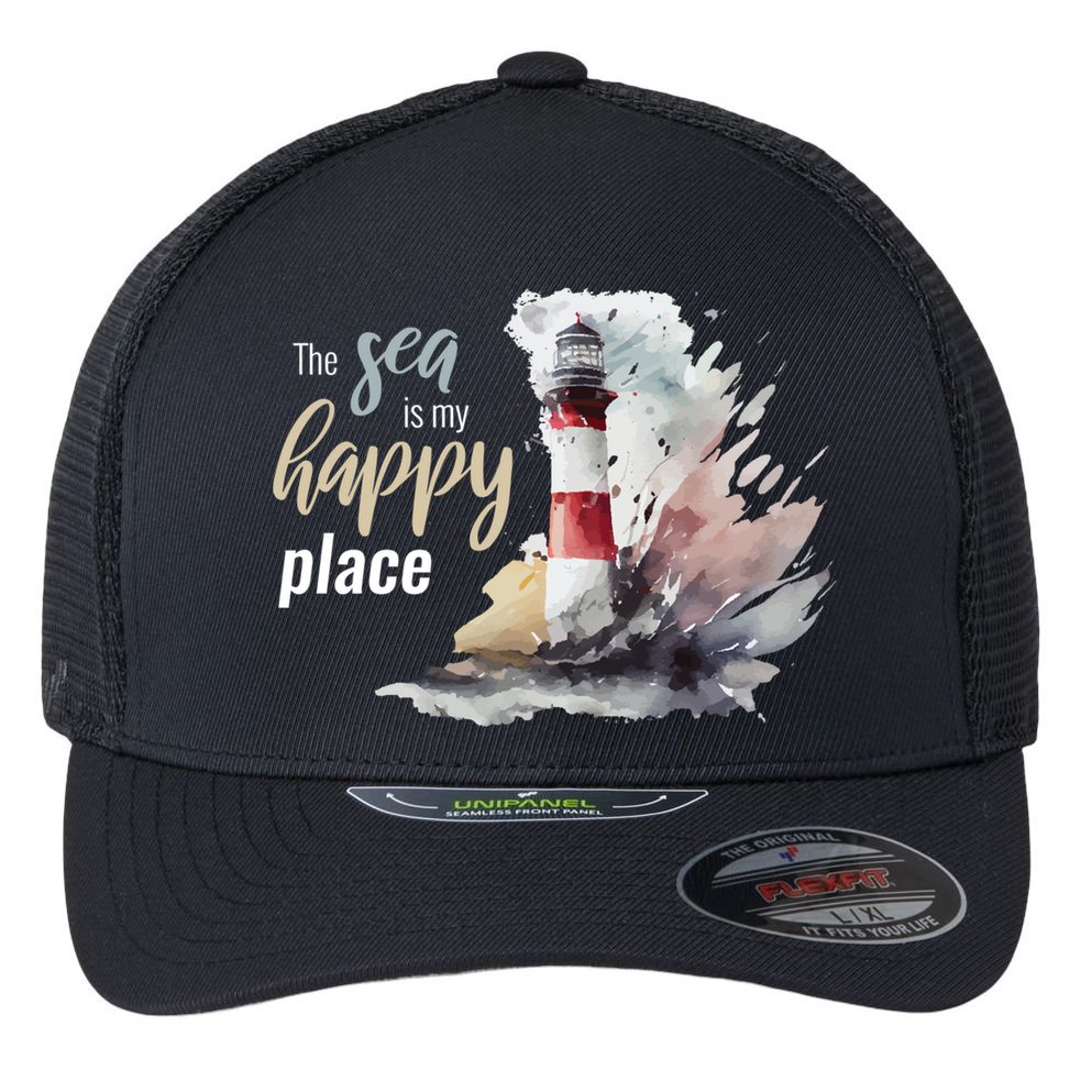 The Sea Is My Happy Place I Beach Lighthouses Coast Summer Cool Gift Flexfit Unipanel Trucker Cap