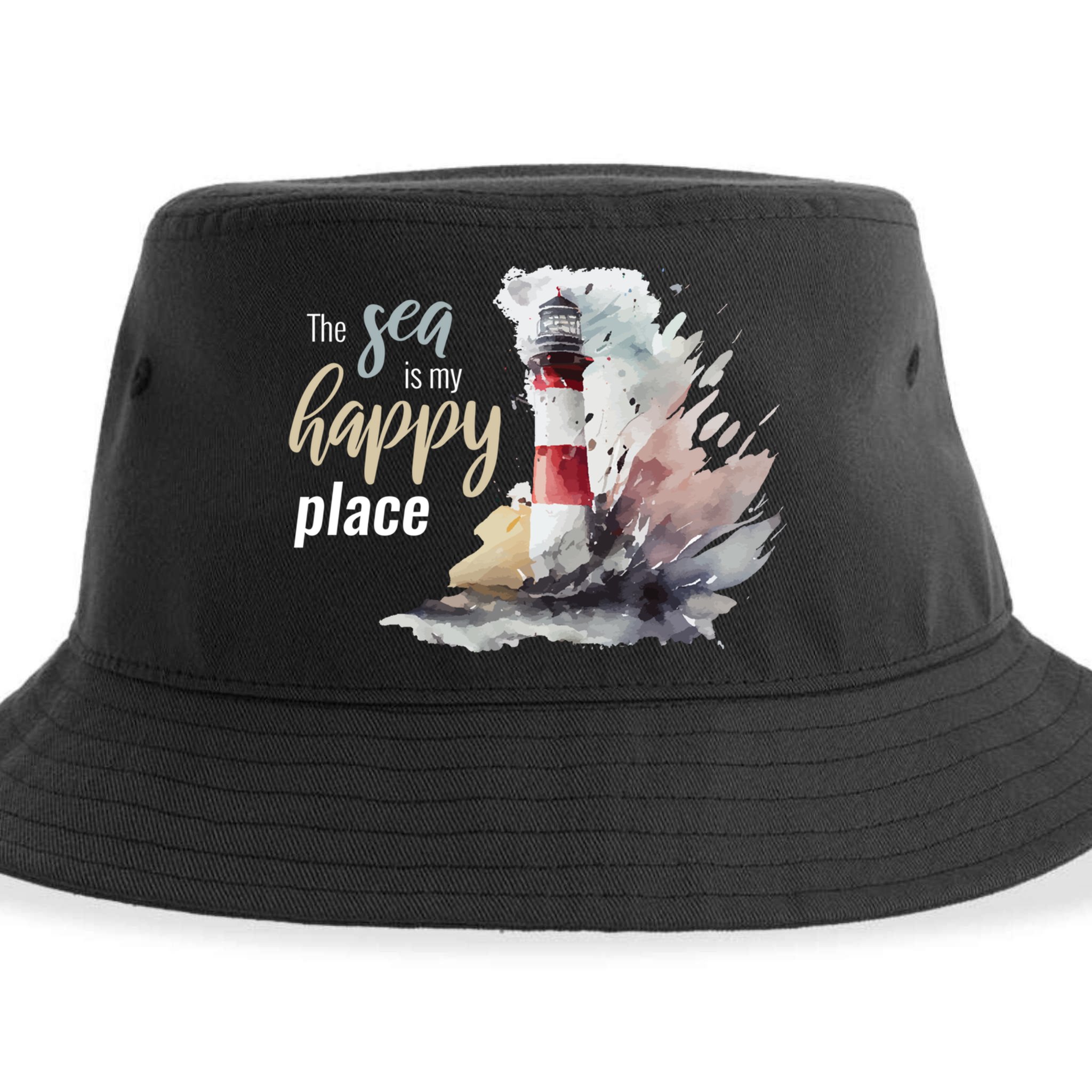 The Sea Is My Happy Place I Beach Lighthouses Coast Summer Cool Gift Sustainable Bucket Hat