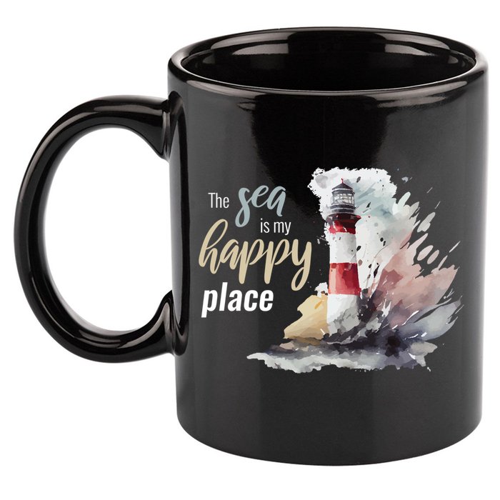 The Sea Is My Happy Place I Beach Lighthouses Coast Summer Cool Gift 11oz C Handle Ceramic Mug